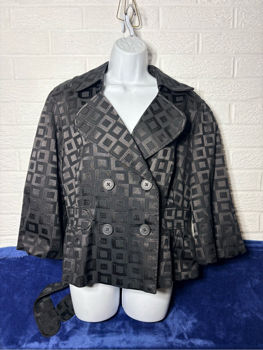 Elle Black Jacquard Double-Breasted Peacoat